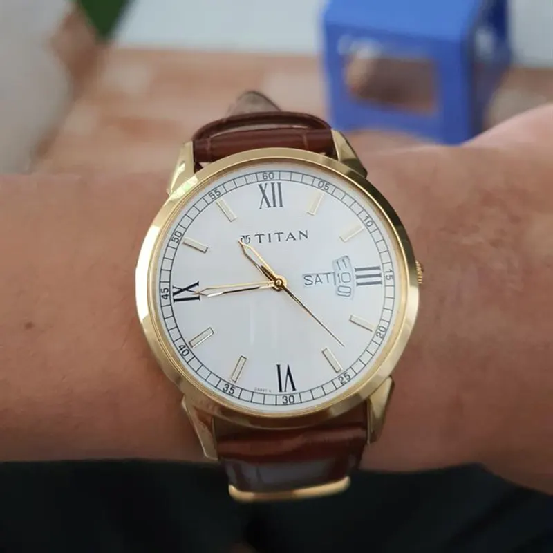 Titan Workwear White Dial Brown Leather Men's Watch- 1521YL08